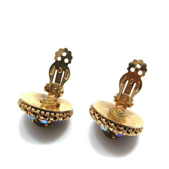 Vintage Topaz Rhinestone Mesh Earrings, Gold Plated, Aurora Borealis, 1950s - Picture 6 of 10